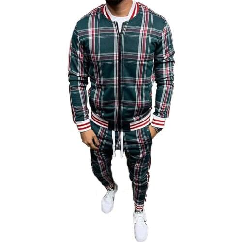 2021 New Mens Sets Tracksuit Running Jacket+trousers Sets Men Fitness plaid Patchwork Sweatshirt Sweatpants Sports Suit men
