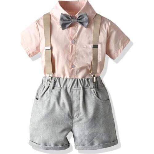 Boys Clothes Toddler Kids Solid Shirt with Bow + Grey Short + Belt 4 Piece Boy Casual Dress Fashion Summer Kid Clothing Cotton