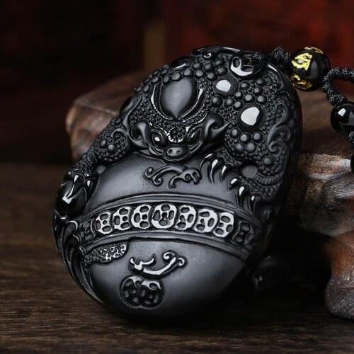 Natural Black Obsidian Beads Necklace Hand-Carved Gold Toad Jade Pendant Fashion Charm Jewelry for Man Women Amulet Lucky Gifts