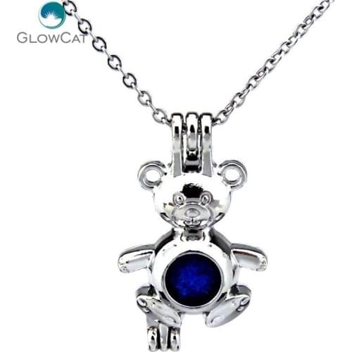 K199 Silver Little Baby Bear Locket Necklace Stone Pearl Cage Stainless Chain Aroma Essential Oil Diffuser Locket