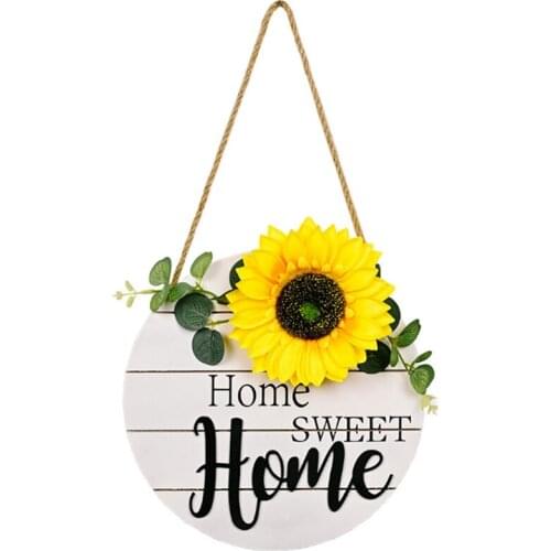 Sunflower HOME Wooden Doorplate Pendant Artificial Flower Wall Hanging Home Window Decoration Garland Door Hanging