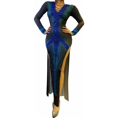 Luxury Blue Black Rhinestone High Split Long Dresses for Women Dancer Show Evening Bar Club Wear Birthday Celebrate Prom Dress