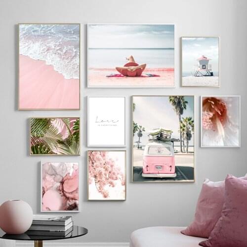 Pink Sea Beach Bus Girl Palm tree Landscape Wall Art Canvas Painting Nordic Posters & Prints Wall Pictures For Living Room Decor