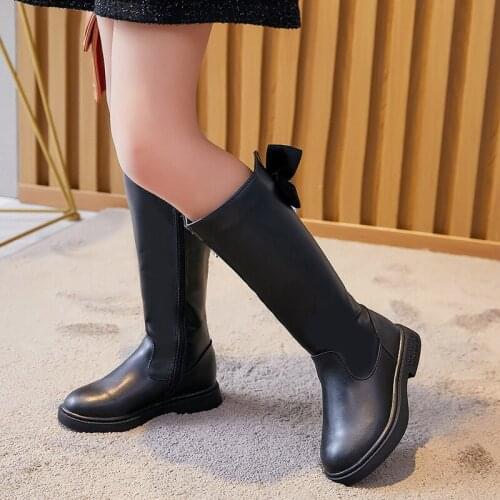 Knee High Boots Fashion Leather Boots for Kids Girls Black Butterfly-knot Side Zipper Heighten Baby Shoes Kids Winter Boots