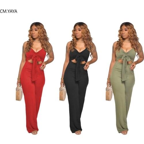 CM.YAYA Women Sexy Party Club Solid Tie Up V-neck Cut Out Waist Straight Jumpsuit One Piece Overall Romper Playsuit