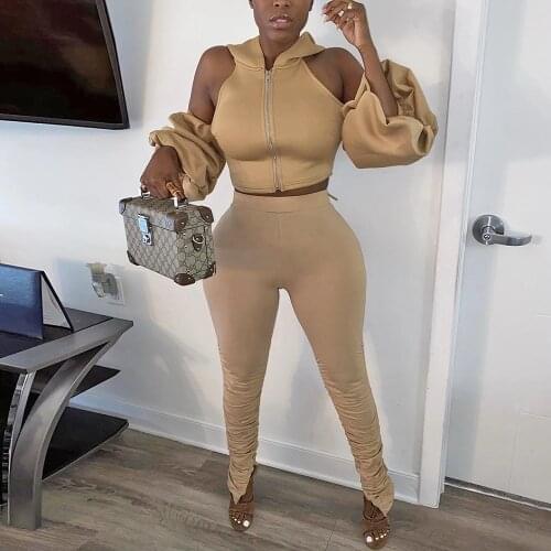 2 Pcs Track Suit Womens Set Long Sleeve Cold Shoulder Backless Hoodies Jacket Top Split Stacked Pants Two Piece Set Clubwear