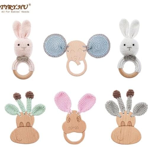 TYRY.HU 3Pcs BPA Free Crochet Wooden Ring Baby Teether Safe Cute Animal Rattle Chewing Teething Nursing Accessories Infant Toys