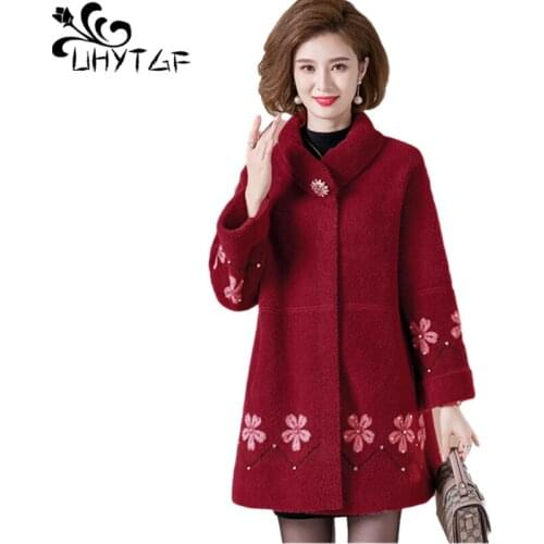 UHYTGF Mother Autumn Winter Woolen Coat Mink Fleece Mid-Length Casual Plus Size Jacket Fashion Beaded Elegant Women Outwear 1344