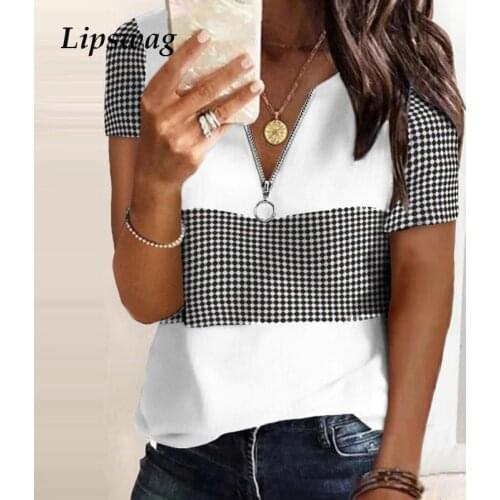 Retro Zip V-Neck Shirt Pullover Fashion Lattice Print Patchwork Women Blouse Spring Summer Office Lady Short Sleeve Tops Blusas