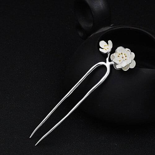 925 Sterling Silver Hair Pins Hair Sticks Big And Small White Peach Flower Headpiece Women Headwear Hair Accessories