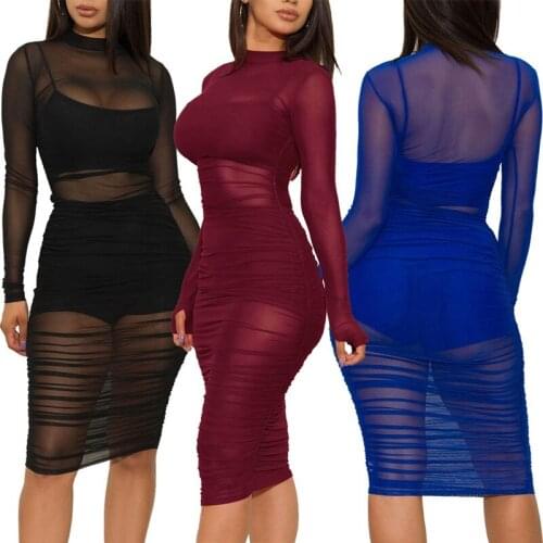 Womens Mesh Dress See-Through Suit Round Neck Long Sleeve Tight Summer Party Girl Wrapped Vest Shorts