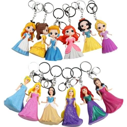 6pcs Princess Keychains Snow White Belle Tangled Alice Cinderella Ariel Mermaid Sleeping Beauty Figure Toys Christmas Gifts
