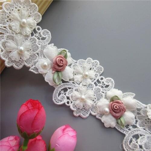1 yard 3D Rose Flowers White Pearl Lace Ribbon Embroidered Lace Trim Applique Fabric DIY Wedding Dress Sewing Supplies Craft