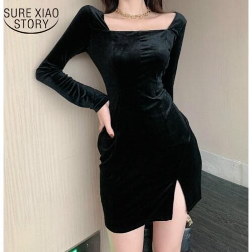 Retro Velvet Sexy Split High Waist Short Skirt Square Collar Long Sleeve Dress Black Dress Bodycon Party Dress Vestidos 12387