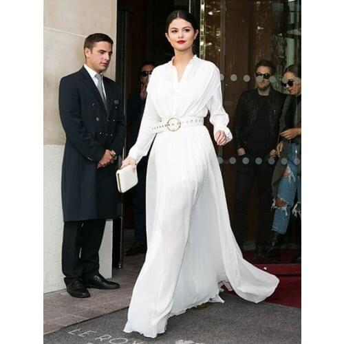 Long V-Neck Chiffon Celebrity Dresses with Sleeves Pleated A-Line Robe De Soiree Floor Length White Formal Dresses for Women