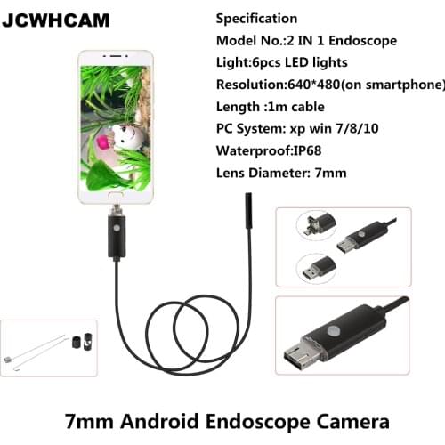 JCWHCAM 2In1 Snake Endoscope 1M/3.3FT 7mm 6 LEDs Waterproof Borescope Micro USB Inspection Video Camera for Android & PC HD480