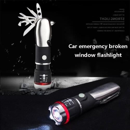 Camping Climbing Tool Led Flashlight high-power Zoom Emergency Torch Multi-function Broken window hammer Portable flash light