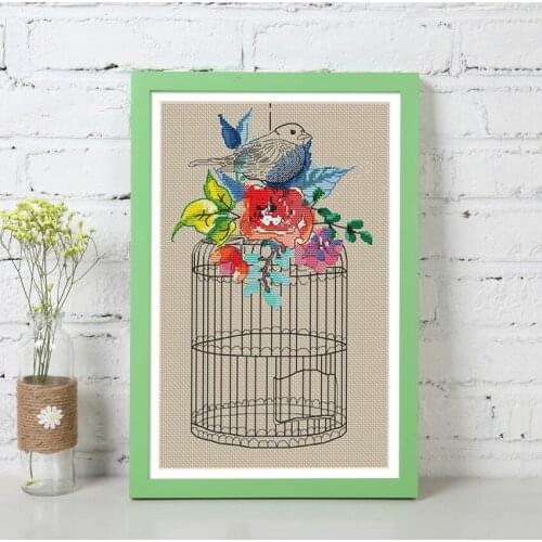 Bird cage flower cross stitch kit DMC brand thread animal dog count canvas fabric embroidery handmade needlework craft supplies