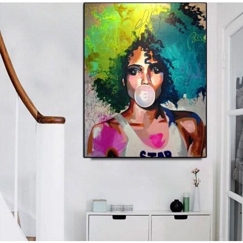 Colorful Africa Woman Graffiti Art Posters and Prints on Canvas Painting Blow Pink Bubbles Gum Wall Art Picture Home Decor