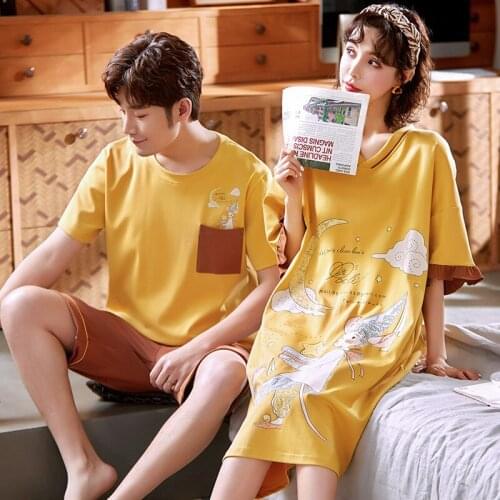 Summer Cotton Couple Pajamas Set Cartoon Femmel Short Sleeve Sleepdress Plus Size Leisure Round Neck Sleepwear For Women and Men