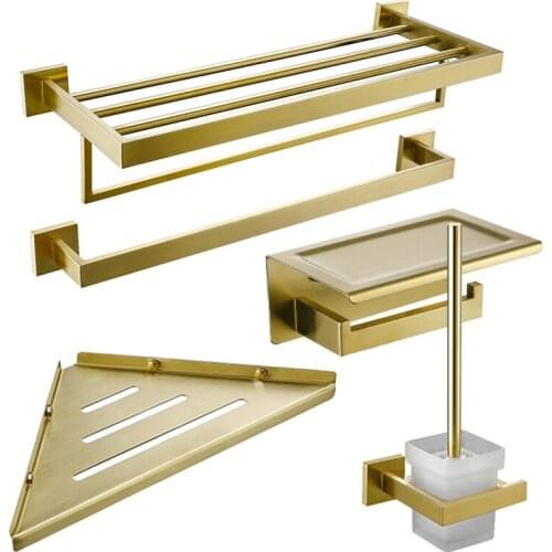 Brushed gold stainless steel batrhoom towel rack bar paper holder toilet brush holder bathroom shelf hardware accessories set