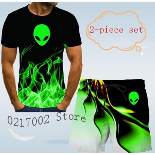 Fashion alien 3D T-shirt printed mens suit breathable summer Lapel short sleeve shirt beach shorts mens Hawaiian suit 2pcs