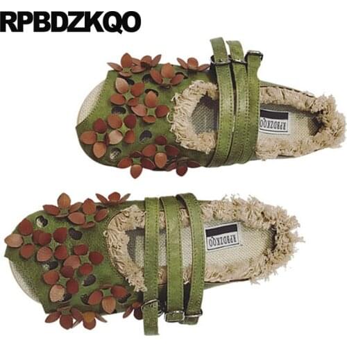 Floral flower hollow out mules embellished round toe green sandals women retro ladies beautiful flats shoes slippers breathable
