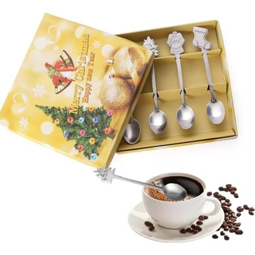4PCS Stainless Steel Spoon Set Christmas Coffee Spoon Ice Cream Soup Sugar Dessert Teaspoons Mixing Stirrer Kitchen Tableware