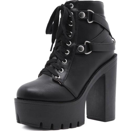 Sexy Lace Up Womens High Heel Boots Black PU Leather Ankle Boots Ladies Fashion Platform Shoes Female Footwear Womens Shoes