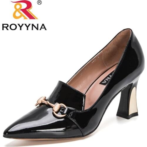 ROYYNA 2021 New Designers Classics Luxury Patent Leather High Heels Pumps Women Office Metal Buckle Dress Wedding Shoes Ladies