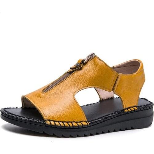 2020 New Summer Fish Mouth Cowhide Front Zipper Women Sandals Flat Heel Soft Sole Non-Slip Comfotable Shoes Woman Casual Sandals