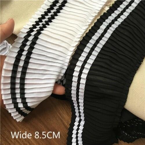 Wide 8.5CM College Style White Black Elastic Pleated Chiffon Folded Sewing Lace Ribbon Edge Trim For Dress Cloth DIY Supplies
