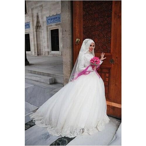 Vestido de noiva New Design Muslim Wedding Hijab Long Sleeve Lace Arabic Gowns Long robe de mariage Mother of the Bride Dresses
