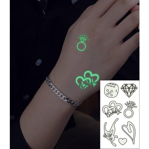 Waterproof Temporary Luminous Tattoo Sticker Love Heart Butterfly Diamond Ring Dice Flash Tatoo Fake Tatto for Kids Women Men