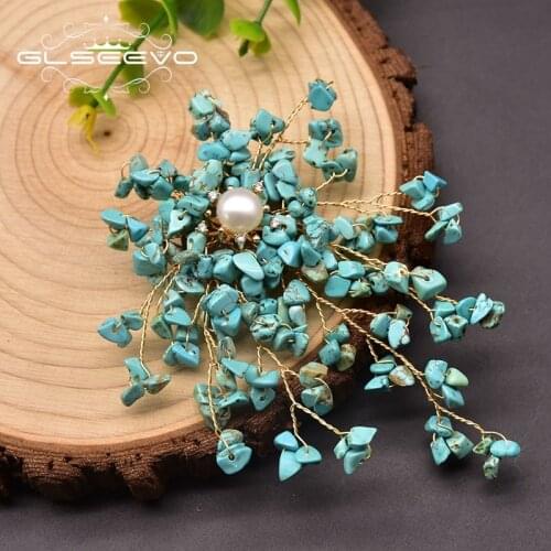 GLSEEVO High Quality Vintage Gold Brooch Pins For Women Wedding Natural Turquoise Leaves Style Jewelry Accessories GO0381