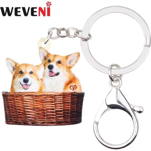 WEVENI Acrylic Smirking Double Welsh Corgi Pembroke Dog Key Chains Key Ring Fashion Animal Jewelry For Women Girls Gift Pendant