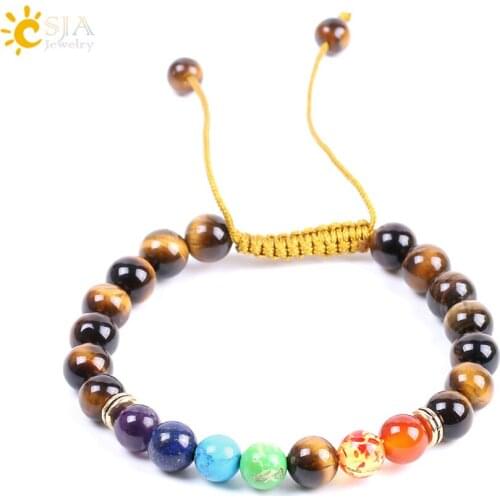 CSJA 8mm Natural Gem Stone Tiger Eye Bracelets & Bangles for Women 7 Chakra Mala Beads String Braided Rope Hand Chain Cuff F093