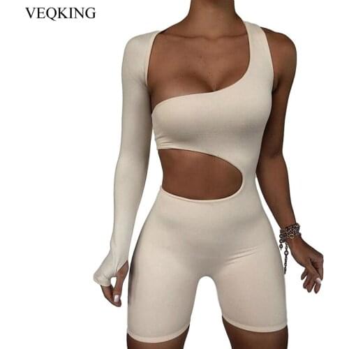 VEQKING Womens One Shoulder Yoga Jumpsuit Sexy Hollow Sport Romper Long-sleeved One Piece Fitness Suit Yoga Playsuit