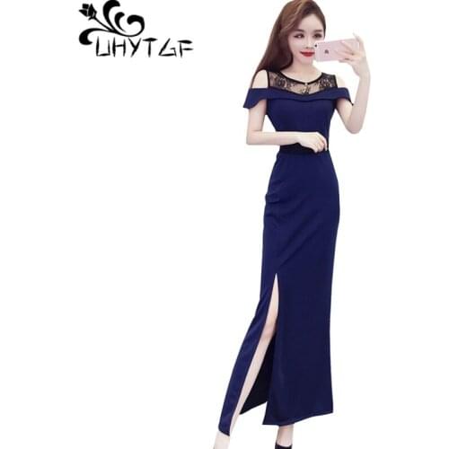 UHYTGF Women summer dresses Fashion Lace paneled elegant dress temperament Slim women long dress Small fragrance party dresses24