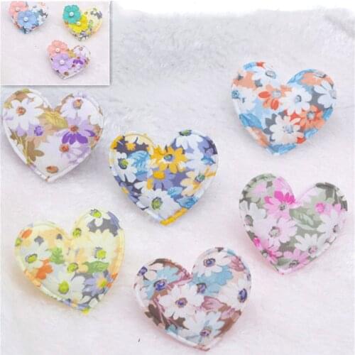 50Pcs/Lot 4.8*4.2CM Print Flower Fabric Heart Padded Appliques For DIY Handmade Children Hair Clip Accessories Clothes Patches