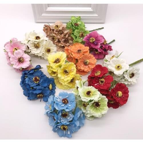 6pcs/lot 14colors Silk Cherry Blossoms Small Artificial Poppy Bouquet Wedding Decoration Mini Rose Flowers For DIY Scrapbooking