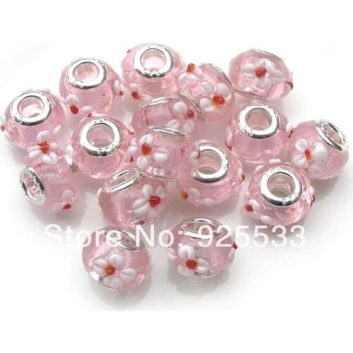 Free Shipping 45pcs 14mm pink glass silver plated core Big Hole Beads fit European Jewelry Braclet DIY