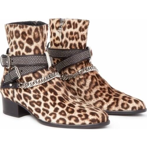 Handmade customized Leopard Fur rivet buckle strap genuine leather ankle Boots personalized wedge Chelsea Boots