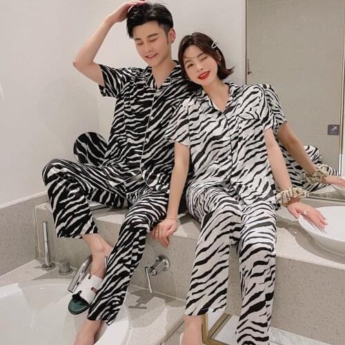 Couples Short Sleeve Long Pants Silk Satin Pajama Sets for Women Summer Cute Cartoon Zebra Sleepwear Pyjama Men Homewear Clothes