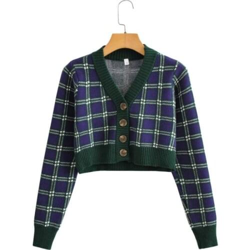 Short Knit Cardigan V-Neck Plaid Coat Vintage Crop Top Cardigan Elegant Chic Sweater Autumn Fashion Jumper Ladies Streetwear