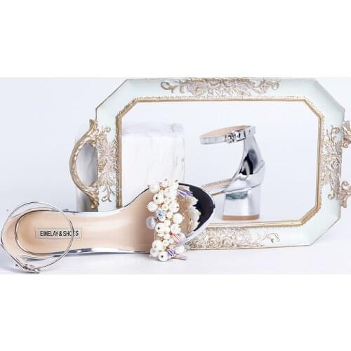Summer thick sandals with silver mirror pearl ball casual open-toed womens shoes Mirror surface Bright Pu Leather