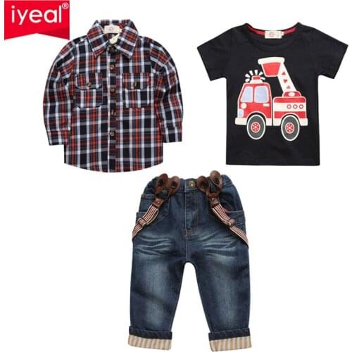 IYEAL Fashion Spring Autumn Children Clothing Set Kids Baby Boy Suit Cotton Casual Plaid Shirts + T- Shirt + Pant 3 Pcs Clothes