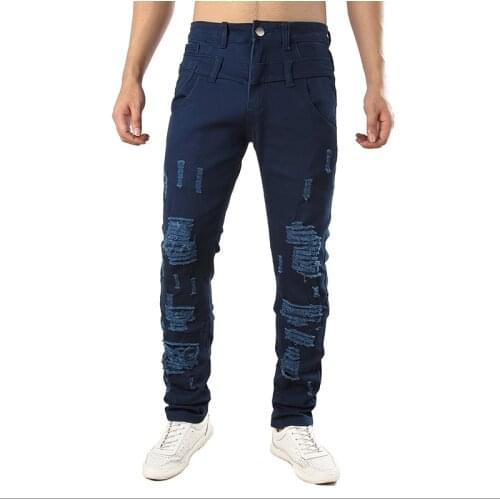 2021 New Mens holes ripped stretch jeans Casual slim fit distressed denim pants Blue Black Red Leisure simplicity personality
