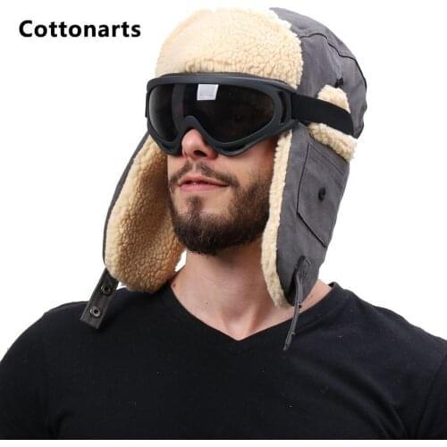 Mens Lei Feng Hats Windproof Outdoor Ski Cap Thickened Ear Trucker Cap Canvas Lamb Wool Pocket Decoration Winter Hat Hunter Hat