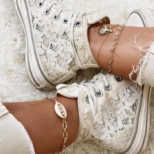 Bohemian Gold Color Seashell Cowrie Eye Star Pendant Multi Layer Anklet Set for Women Crystal Beaded Anklet Bracelet Jewelry